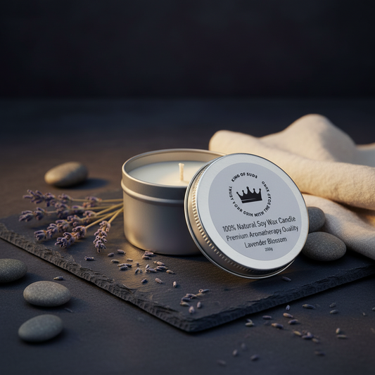 A silver metal candle tin with its lid off, showing white wax and a printed label that reads 'Lavender Blossom' and '100% Natural Soy Wax Candle.' The tin sits on a dark slate board with lavender sprigs, smooth stones, and a folded cream cloth in a moody studio setting.