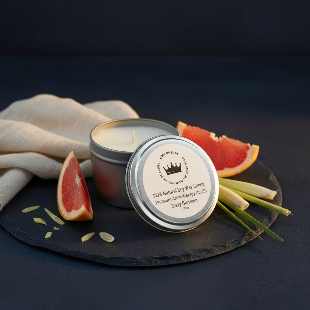 A tin candle with its lid placed in front, styled on a dark slate tray with grapefruit slices, green onions, and a beige cloth. The label reads 'The World Is Small Here' and 'Zesty Blossom'.