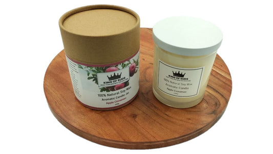 Candle Jars, with white or black lid, on a round wooden surface with a white background