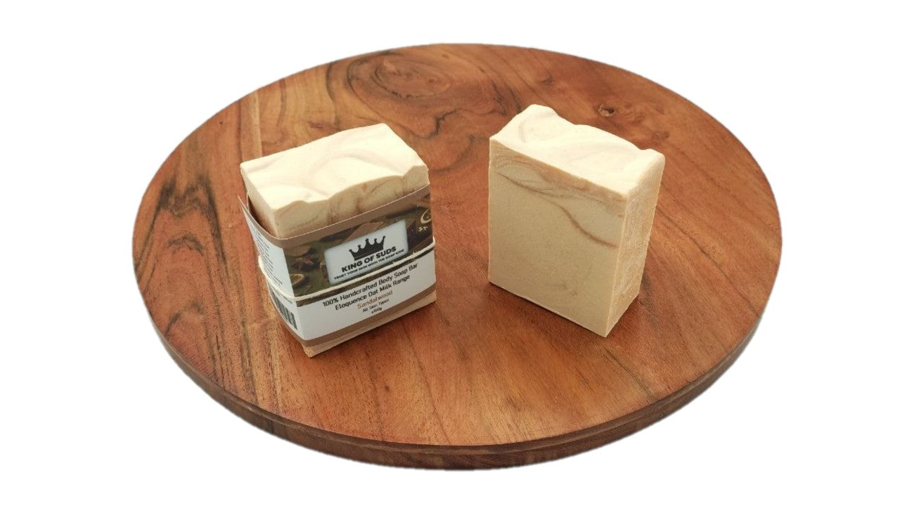 Two bars of soap on a wooden surface with a white background