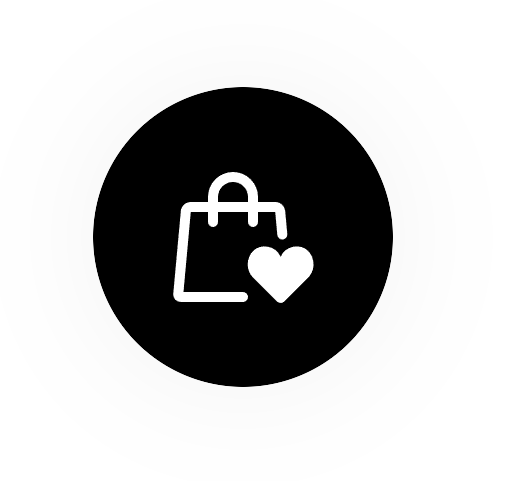 Black circle with a white shopping bag and heart icon