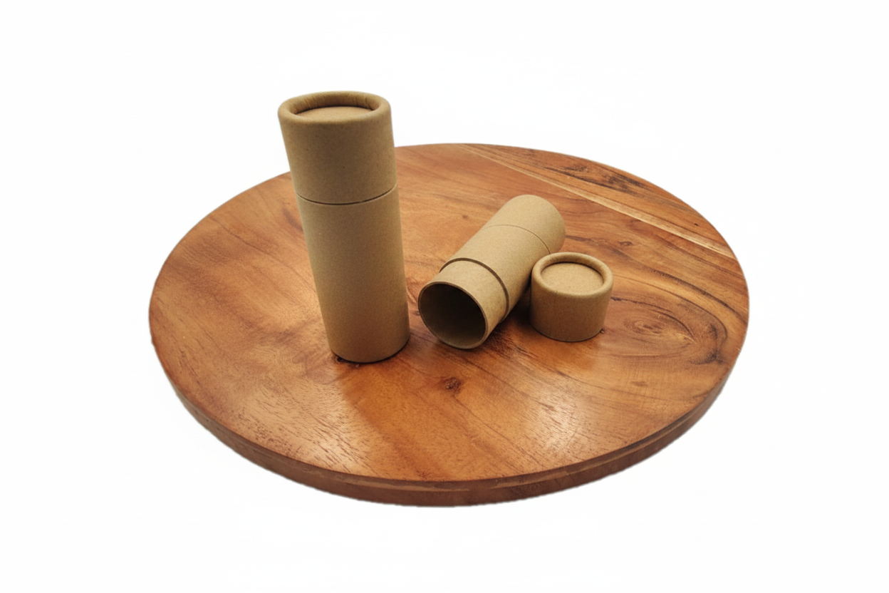 Three small kraft paper cylindrical tubes, including one standing tube, one lying tube, and one small cap, arranged on a round wooden board against a white background.