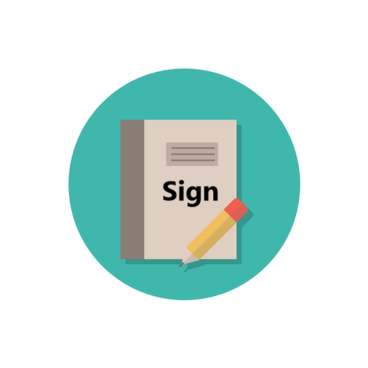 Icon representing a signature on delivery upgrade, featuring a notepad and a pen.