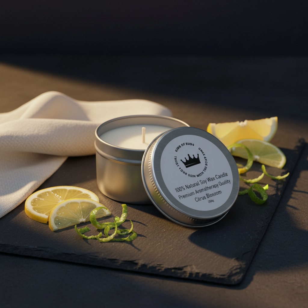 A silver tin candle shown open on a dark slate board with lemon slices, lime zest, and a folded cream cloth. The candle wax is visible, and the lid label reads '100% Natural Soy Wax Candle Premium Aromatherapy Quality Citrus Blossom' with a crown logo