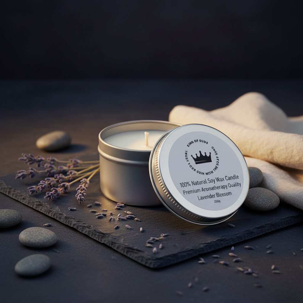 A silver metal candle tin with its lid off, showing white wax and a printed label that reads 'Lavender Blossom' and '100% Natural Soy Wax Candle.' The tin sits on a dark slate board with lavender sprigs, smooth stones, and a folded cream cloth in a moody studio setting.