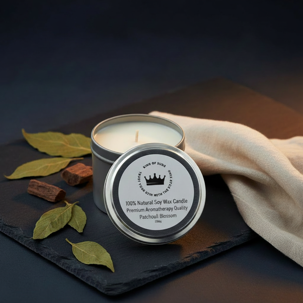 A silver tin candle with its lid off, showing white soy wax and a printed label that reads 'Patcholi Blossom' and 'One of a Kind.' The candle is styled on a dark slate board with bay leaves, cinnamon sticks, and a cream cloth against a dark blue background.